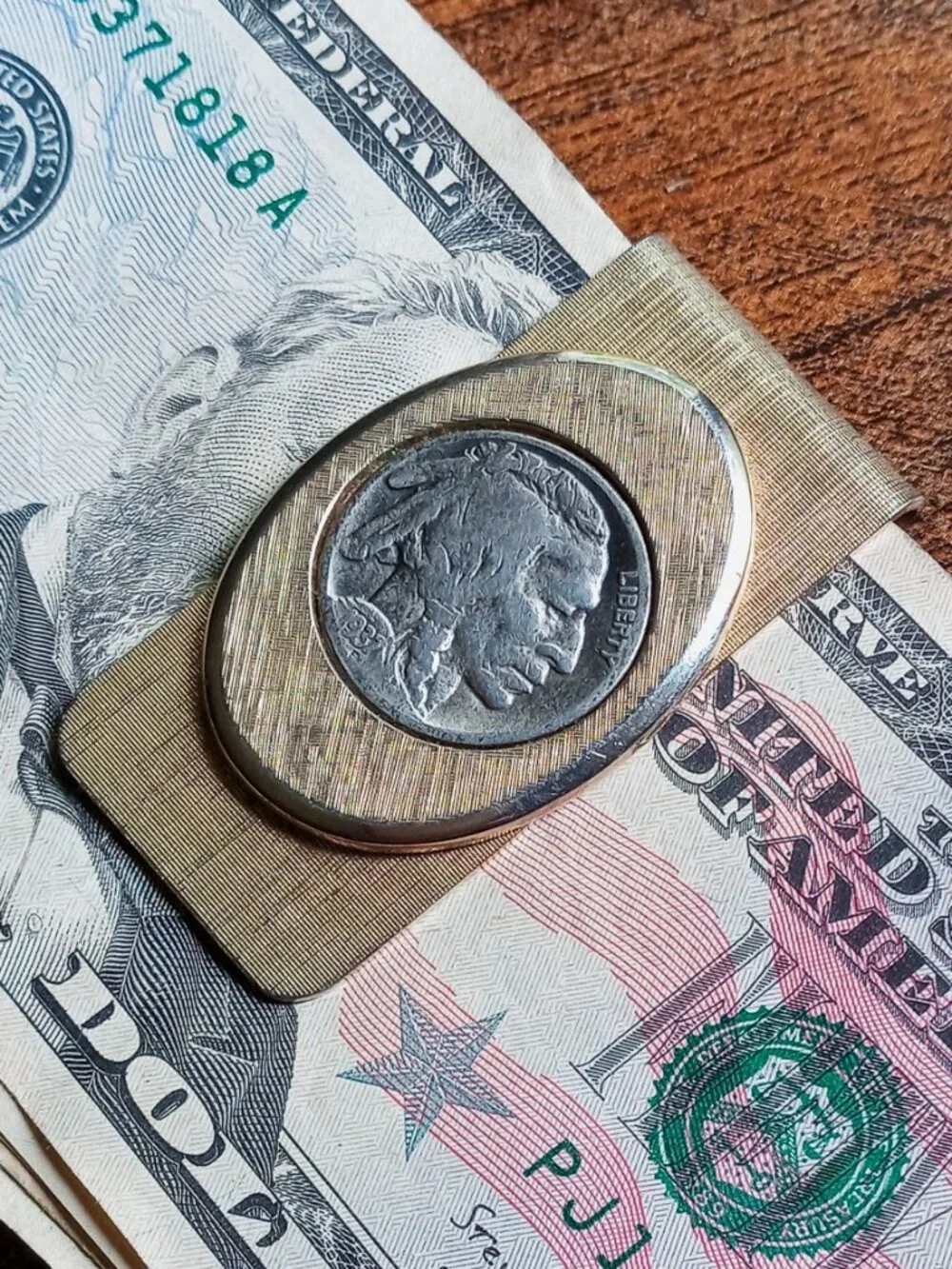 Vintage Gold-Tone Money Clip with Authentic 1937 F Buffalo Nickel & Name: 